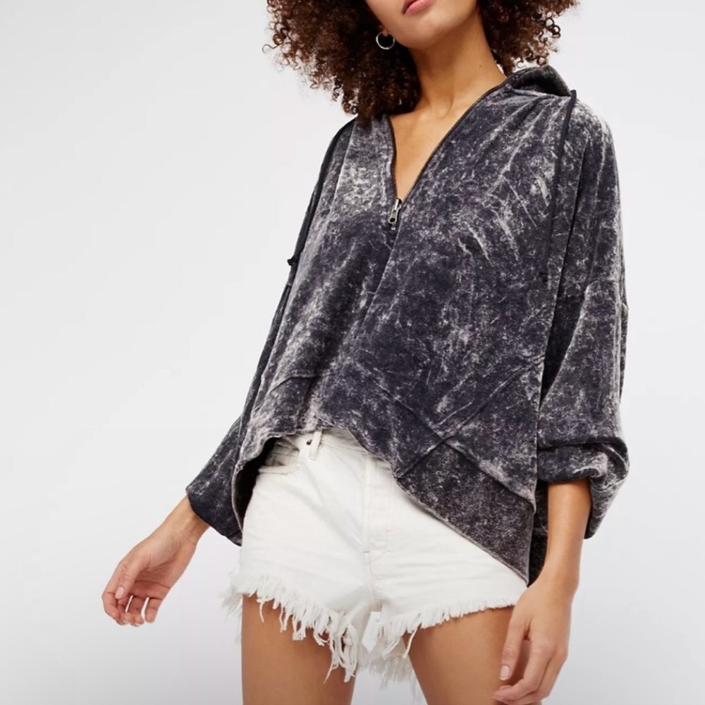 Free People Gray Crop Velour Half Zip Hoodie XS